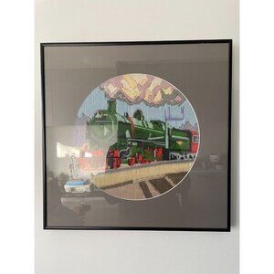 vintage needlepoint tapestry wall hanging trains